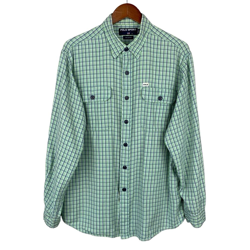 Polo Sport Ralph Lauren Shirt Button Front Green Plaid Pockets Men's L